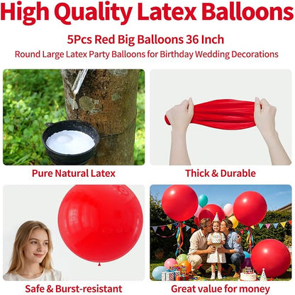 5Pcs Red Big Balloons 36 Inch, Round Large Latex Party Balloons - Image 2