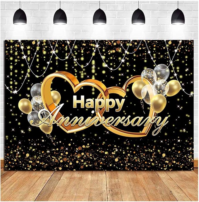 Happy Anniversary Backdrop Black and Gold Balloons Photography Background Poster - Image 2