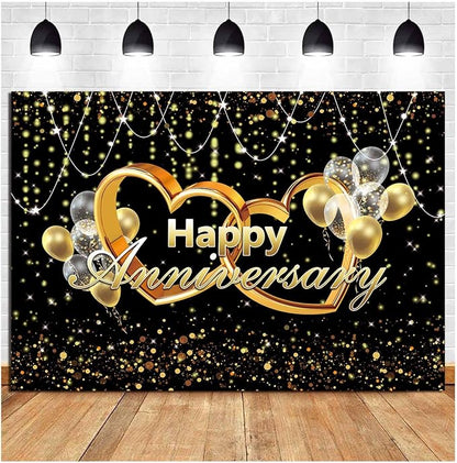 Happy Anniversary Backdrop Black and Gold Balloons Photography Background Poster - Image 2
