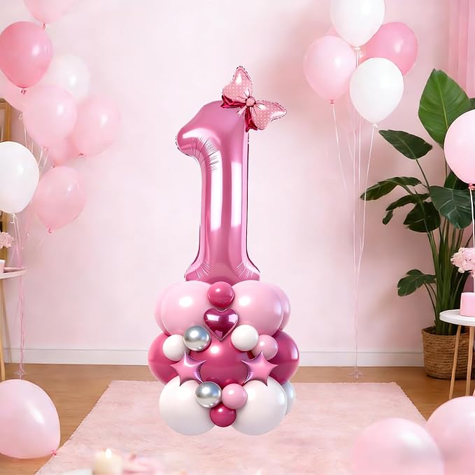 40 Inch Pink Number 1 Balloon Tower Set, Number One Foil Balloon - Image 4