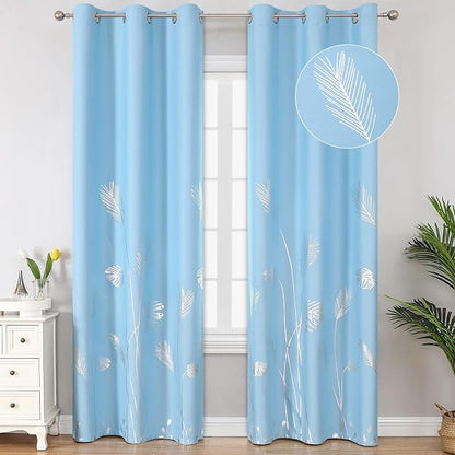 Sky Blue Blackout Curtains for Living Room, Room Darkening Silver Palm Tree by ESTELARTEXTILER