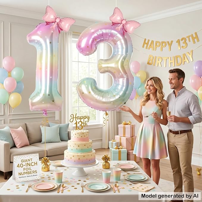 40" Giant Pastel Rainbow Number 13 Balloon Foil Pink Bow Decor Kit | - Image 3
