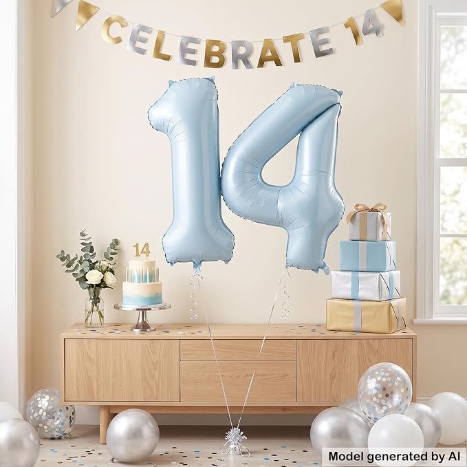 40" Light Blue Foil Number 14 Balloon - Image 3