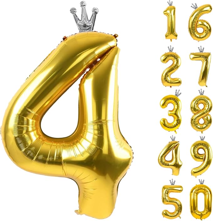 Gold Number 4 Balloon with Crown, 40 inch Gold Number Balloon 4th Birthday by Yeodong