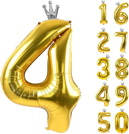 Gold Number 4 Balloon with Crown, 40 inch Gold Number Balloon 4th Birthday by Yeodong