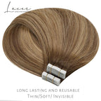 Lacer Tape in Hair Extensions Chocolate Brown to Dark Caramel Blonde Adhesive Tape in Hair Extensions Remy Human Hair 20 Pcs 50 Grams 22 Inch