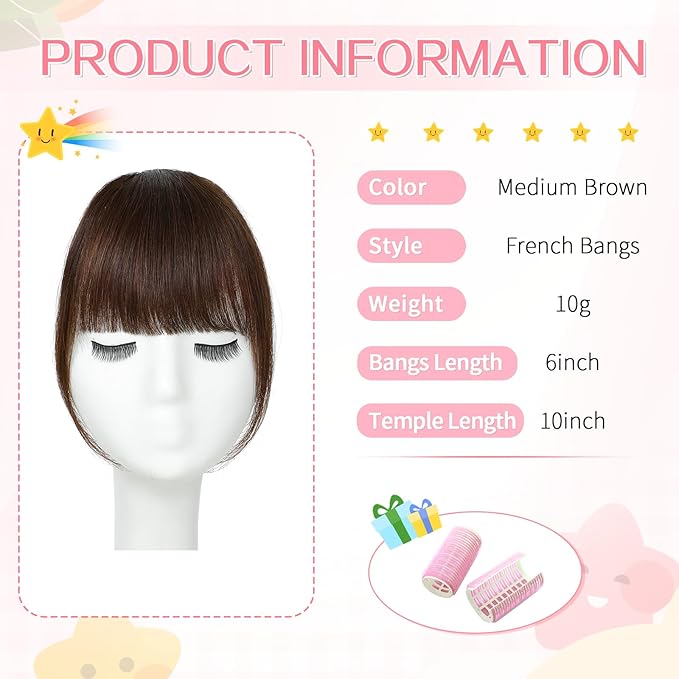Clip in Bangs 100% Real Human Hair, French Bangs Hair Clip, Fake Bang Fringe with Temples Hairpieces for Women Daily Wear (Medium Brown, French Bangs)