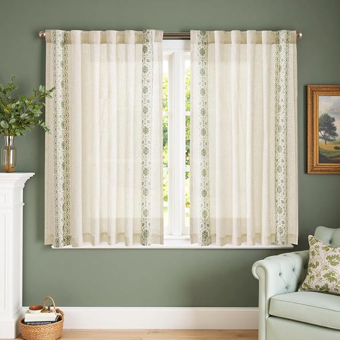 jinchan Green Floral Embroidered Short Linen Curtains 54×54 Inches 2 Panels | - Image 3
