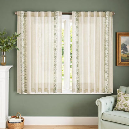 jinchan Green Floral Embroidered Short Linen Curtains 54×54 Inches 2 Panels | - Image 3