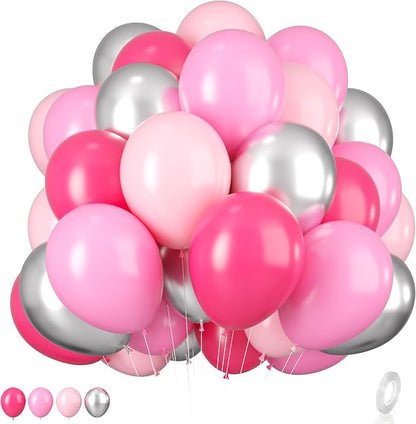 Pink and Silver Balloons, 12 Inch Hot Pink Pastel Latex Balloon Metallic Chrome by BIAPIAN