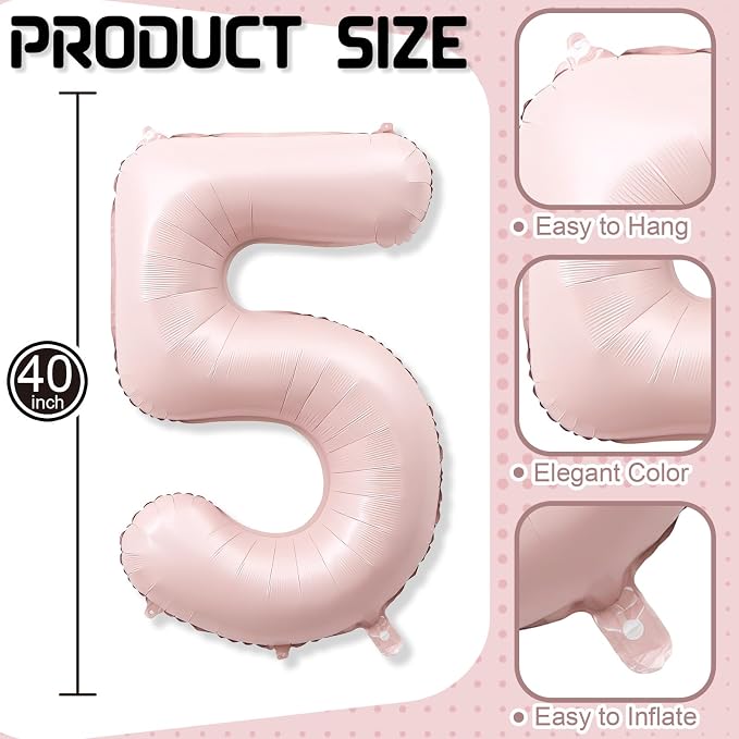 Big Number 5 Balloons, Dusty Light Blush Pink Foil 5 Balloon Numbers 40 inch - Image 2