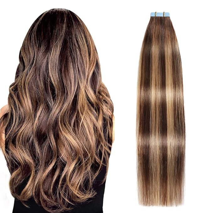 SUYYA Tape in Hair Extensions Human Hair Ombre Color Chocolate Brown to Caramel Blonde Remy Hair 20 inches 20pcs 50g/pack Straight Seamless Skin Weft Tape in Human Hair Extensions(20 inch #P4/27/T4)