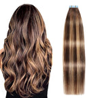 SUYYA Tape in Hair Extensions Human Hair Ombre Color Chocolate Brown to Caramel Blonde Remy Hair 20 inches 20pcs 50g/pack Straight Seamless Skin Weft Tape in Human Hair Extensions(20 inch #P4/27/T4)