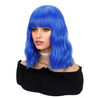FAELBATY Bright Blue Short Wavy Wig Short Dark Blue Wigs With Air Bangs Shoulder Length Wig For Women Curly Wavy Synthetic Wig Halloween Cosplay Wig for Girls Costume Wigs (12" Bright Blue)