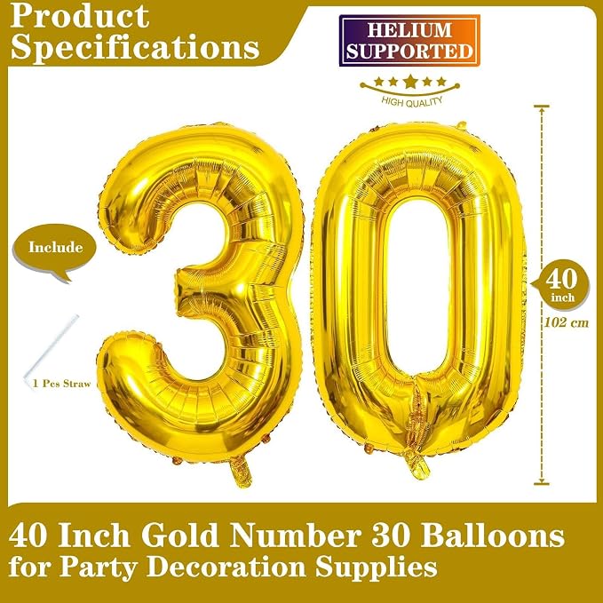 Gold 30 Number Balloons, 40 Inch Giant Number 30 Balloons Foil Mylar Helium - Image 2