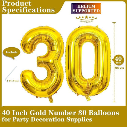 Gold 30 Number Balloons, 40 Inch Giant Number 30 Balloons Foil Mylar Helium - Image 2