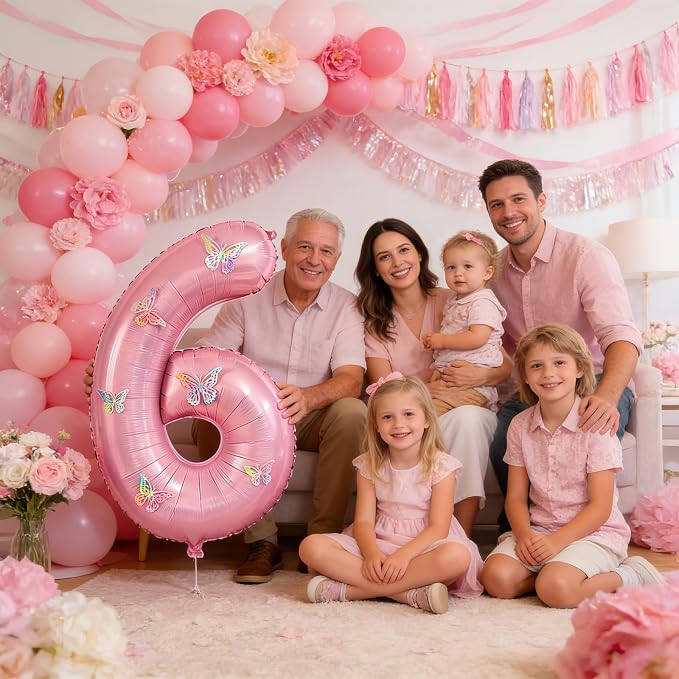 40 Inch Number Balloon Pink Large Mylar Foil Pink Number Balloons and Butterfly - Image 6