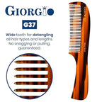 Giorgio G37 Large Coarse Detangler Comb, Wide Teeth for Thick, Curly, or Wavy Hair – For Wet and Dry Use, Handmade Rake Saw-Cut from Polished Cellulose (Tortoiseshell)