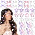 36Pcs Y2k Pink Bow Hair Clips Water Drop Snap Hair Barrettes Metal No Slip Star Hair Clips White Mini Hair Bows Bowknot Star Hair Accessories for Women Girls