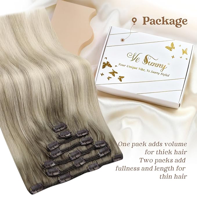 Ve Sunny Hair Extensions Clip in Real Human Hair Ombre Ash Grey Balayage Platinum Blonde Double Weft Remy Straight Human Hair Extensions Clip ins for Women 7pcs 120g 22 inch
