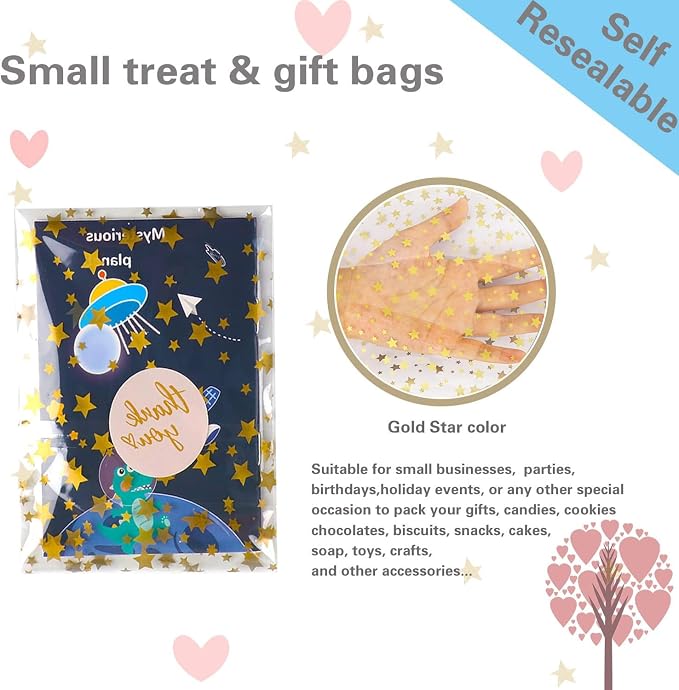 COQOFA 100 Pcs Star Printed Sealable Gift Wrap Cello Cellophane Bags Self - Image 3