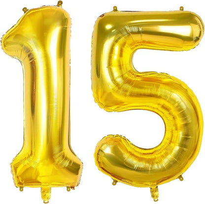 Number 15 Balloons for 15th Birthday Party Decorations, 0-100 Large Gold Foil by Joycard