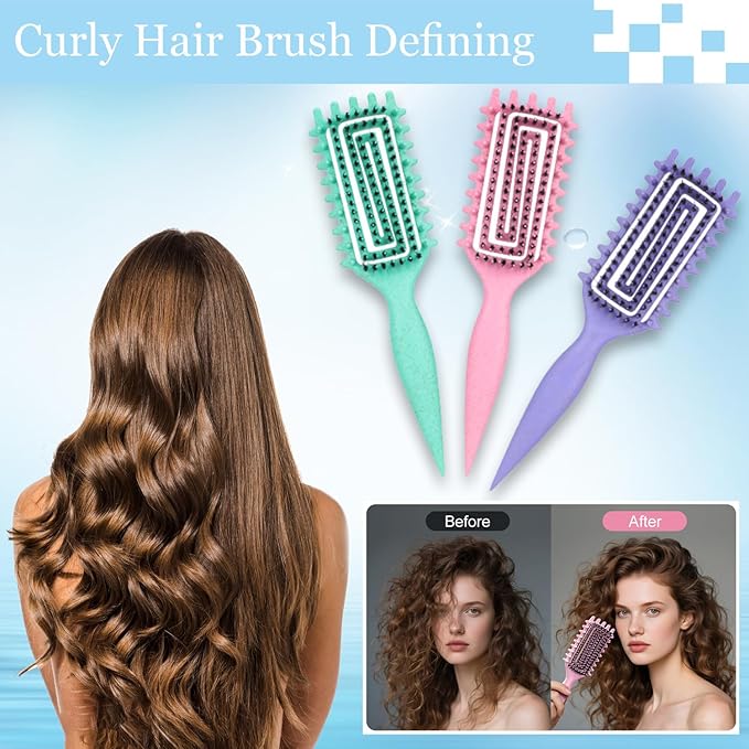 Curly Hair Brush,Curl Defining Brush plus 3 Pieces Hair Styling Comb Set(Slick Back Hair Brush,Rat Tail Comb,Edge Bristle Brush) Lightweight Vented for Combing, Shaping, Styling(Green)