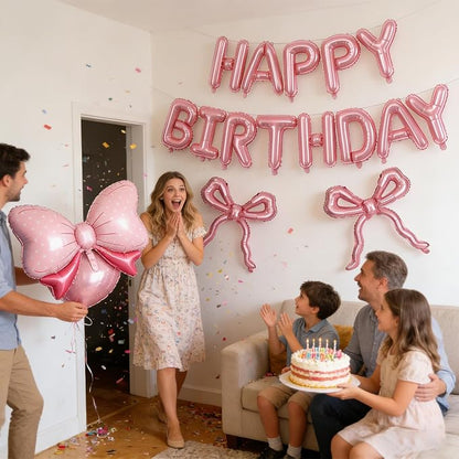 Pink Bow Happy Birthday Balloons Banner, 22 Inch Pearl Pink Bow Foil Balloons - Image 3