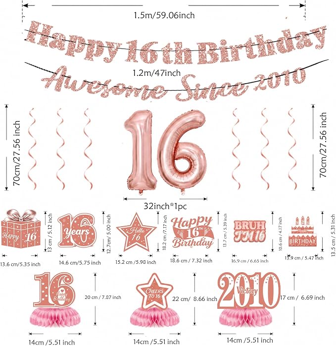 16th Birthday Decorations For Girls, Pre-Strung Rose Gold Happy 16th Birthday & - Image 3