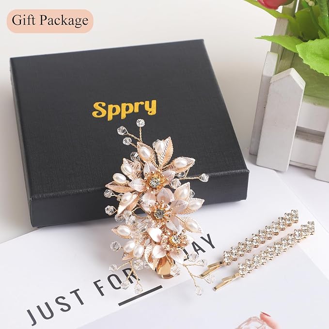 Floral Crystal Pearl Alligator Hair Clip and Rhinestone Bobby Pins, Elegant Hair Accessories for Bridal Women in Wedding or Prom, Set of 3 (Gold)