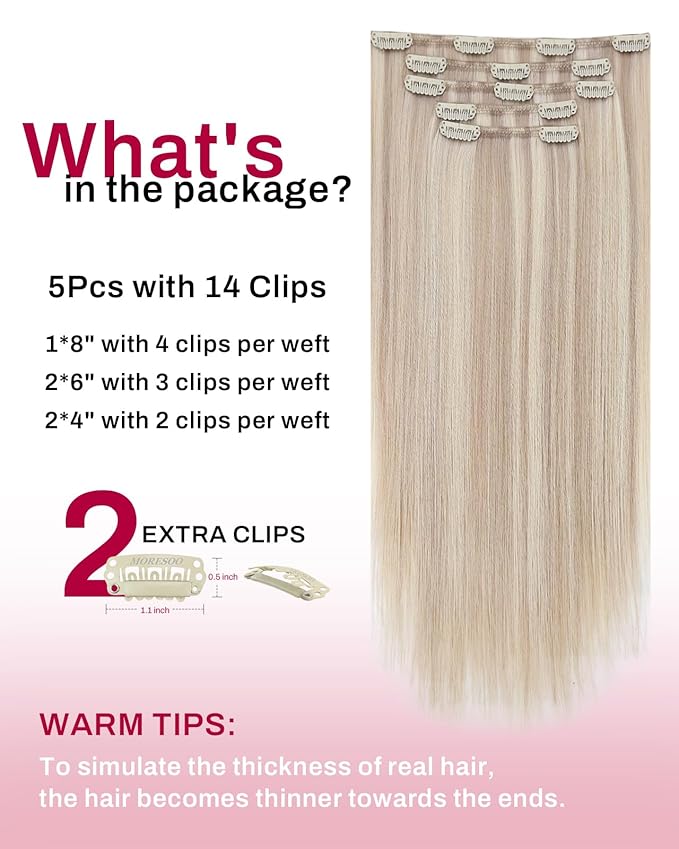 Moresoo Clip in Hair Extensions Human Hair Ash Blonde Highlight Hair Extensions Clip Ins for Women Straight Double Weft 5Pcs 80G 16inch