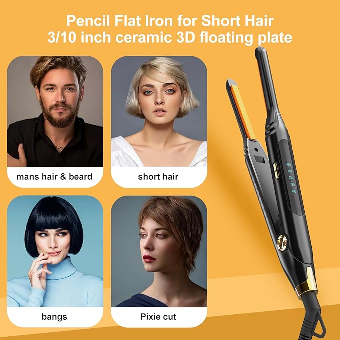 Small Flat Iron 3/10'' Mini Flat Irons for Short Hair,Pixie Cut & Bangs,Pencil Hair Straightener for Edges with LED Display,Travel Hair Straightener with Dual Voltage,Auto Shut Off（Orange）
