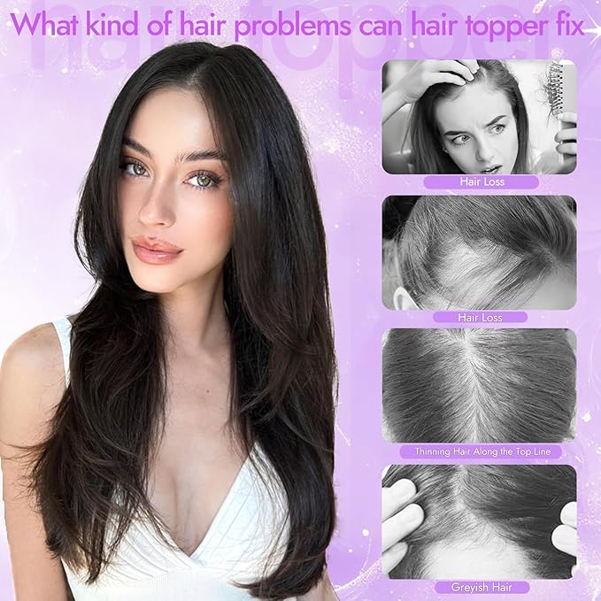 Dark Brown with Caramel Highlights Synthetic Hair Toppers for Women with Thinning 3D 360° Cover Clip in Wispy Bangs Upgraded Adjustable Bandage 24 Inch Long Layered