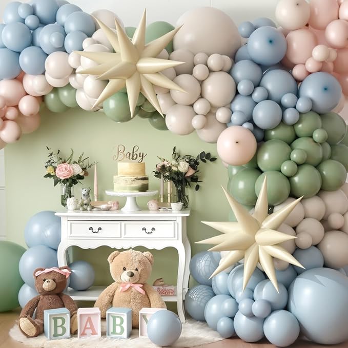 Dusty Blue Green Balloon Garland Arch Kit, Avocado Green Mist Blue White Sand - Image 3