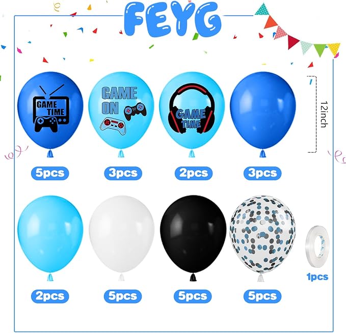 Video Game Balloons, 12 Inch Blue and Black Game Theme Printed Balloons - Image 2