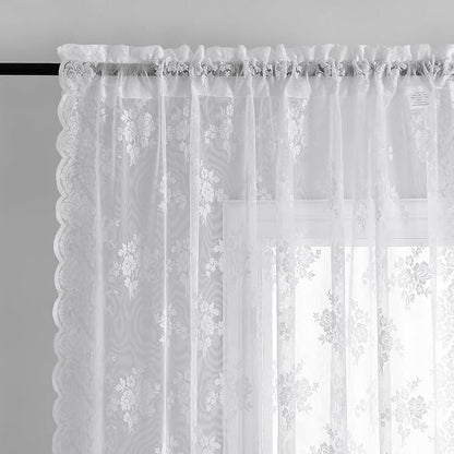 Kotile White Lace Kitchen Curtains Rustic Floral W42 x L30 Inch, 2 Panels | Rod - Image 3