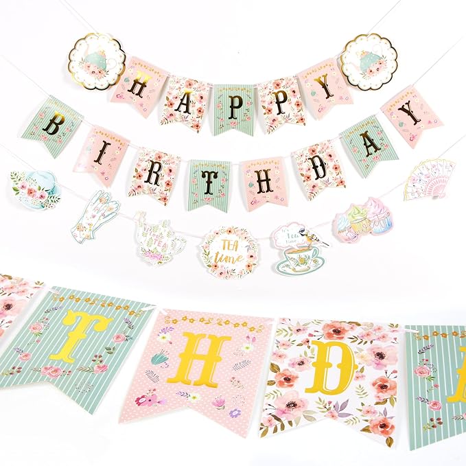 SUNBEAUTY Floral Tea Party Birthday Decorations Tea Happy Birthday Banner by SUNBEAUTY
