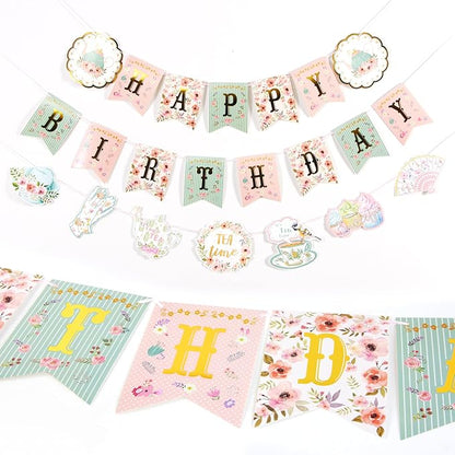 SUNBEAUTY Floral Tea Party Birthday Decorations Tea Happy Birthday Banner by SUNBEAUTY