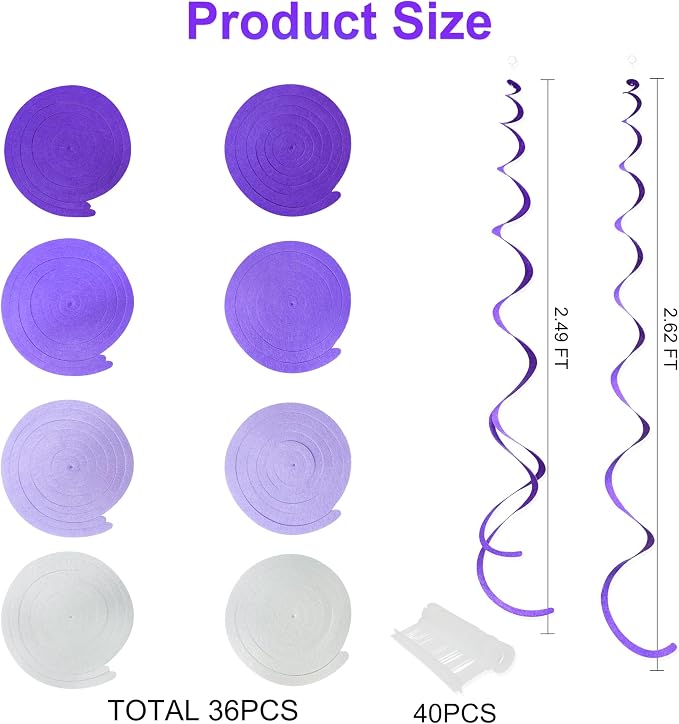 36Pcs Purple Hanging Swirl Decorations Ombre Purple Felt Swirl Streamer Spiral - Image 2