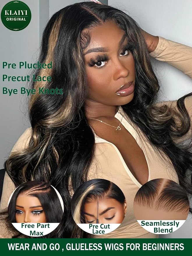 KLAIYI Bye Bye Knots Wear and Go Glueless Wig Highlight Blonde Body Wave 7x5 Precut HD Lace Front Wig Human Hair Pre Bleached Pre Plucked Ombre Wig with Dark Roots Chocolate Brown Ready to Wear 14Inch