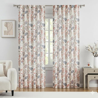 Kayne Studio Navy Red Jacobean Floral Rod Pocket Semi Sheer Curtains 84Inch | - Image 2