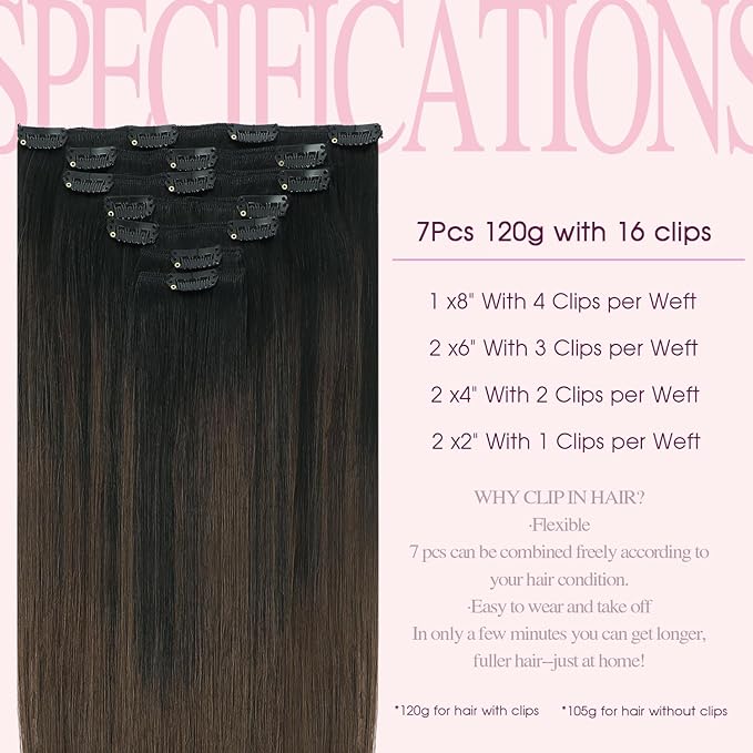 PINKPEARL Clip in Hair Extensions, 18 Inch 7pcs 120g #1BT4 Balayage Natural Black to Chocolate Brown, Hair Extensions Real Human Hair Clip Ins Natural Straight Hair for Women(#1BT4-18)