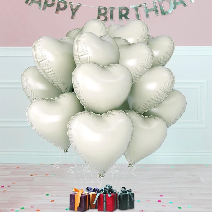 White Heart Ballloons, 18 Inch Foil Love Heart Shaped Balloons 12Pcs Creamy - Image 5