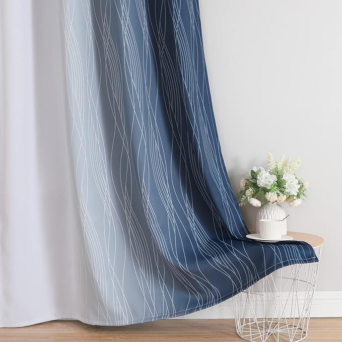 Full Room Darkening Greyish White and Navy Blue Blackout Curtains 63 Inch - Image 6
