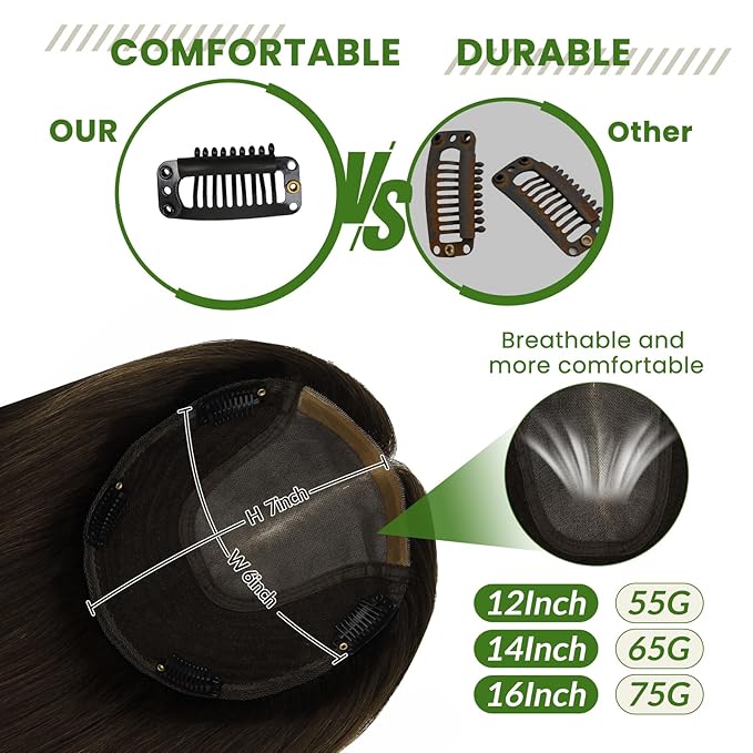 HAIR Toppers for Women Real Human Hair 6x7 inch 150 Density Base 16 inch 75 grams darkest brown Human Hair Topper for Women with Thinning Hair(#2 16inch)
