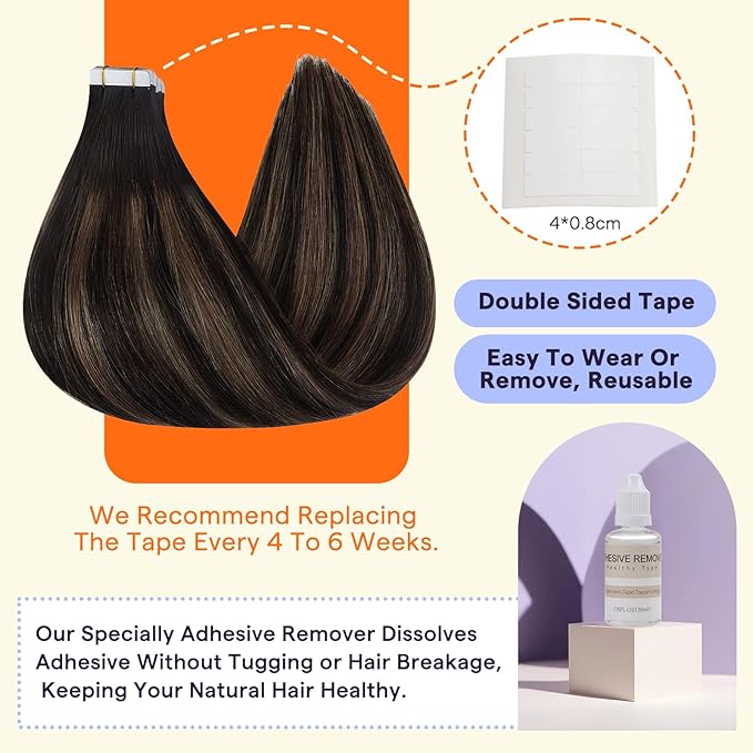 Full Shine Tape Ins Human Hair Extensions 16 Inch Tape Hair Extensions 50G Straight Silky Hair Color 2 Fading to 8 Highlight 2 Darkest Brown Double Sided Tape in Extensions 20pcs Add Volume