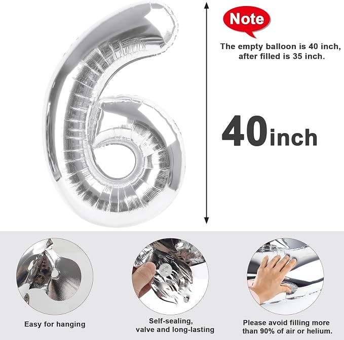 6 Balloon Numbers Party Decorations, 40In Silver Balloons - Image 5