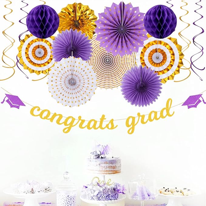 Purple-White Gold Party-Decorations Graduation Banner-Streamers - Image 5