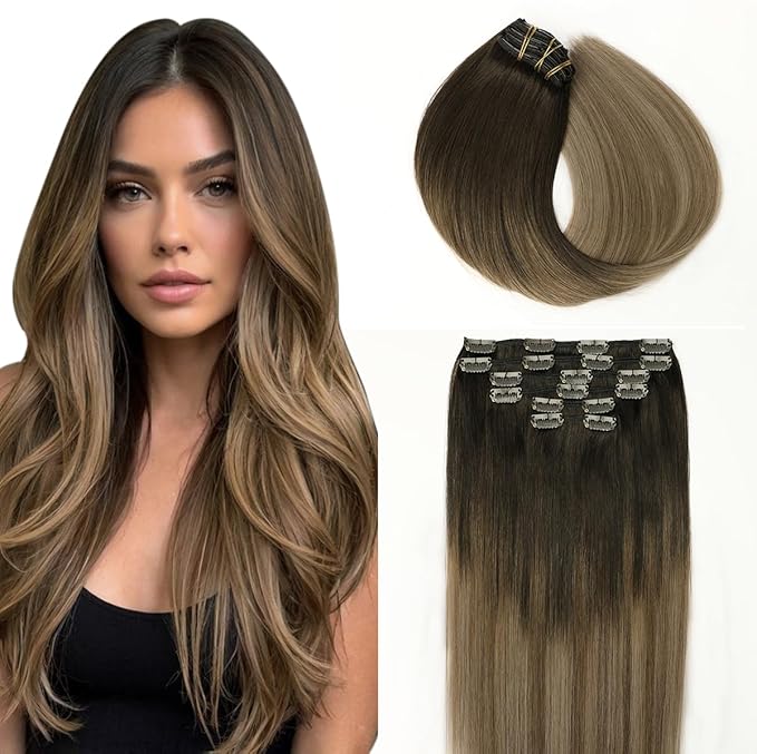 SURNEL Clip in Extensions Human Hair Dark Brown to Dirty Blonde Real Hair Extensions Clip in Human Hair 18inch 6pcs 120g(#2/6/18,18'')