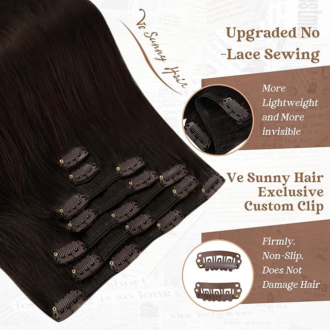 Ve Sunny Clip in Human Hair Extensions, Clip on Hair Extensions for Women, Dark Brown Clip in Hair Extensions Long Straight Hair Extensions 7pcs 120g 24inch
